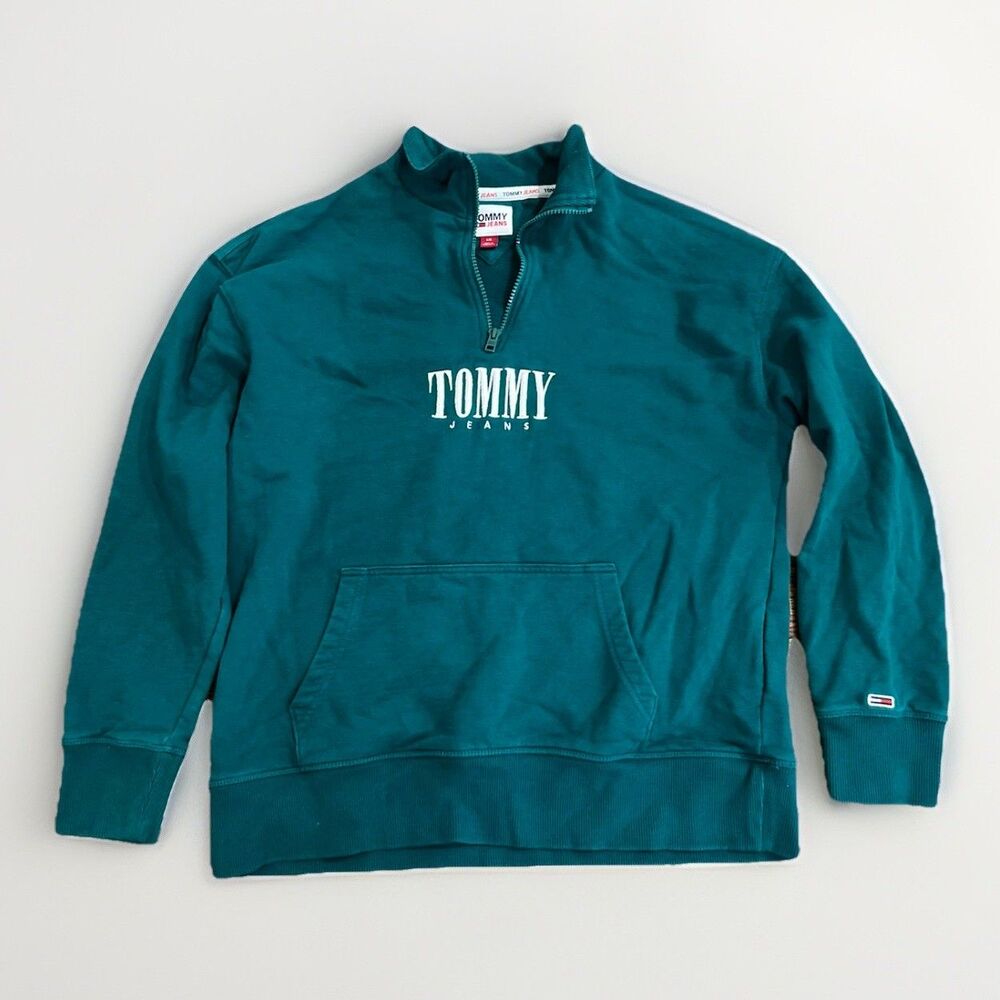 Tommy Jeans Quarter Zip Sweatshirt Womens Green Logo Boxy Oversized Large
